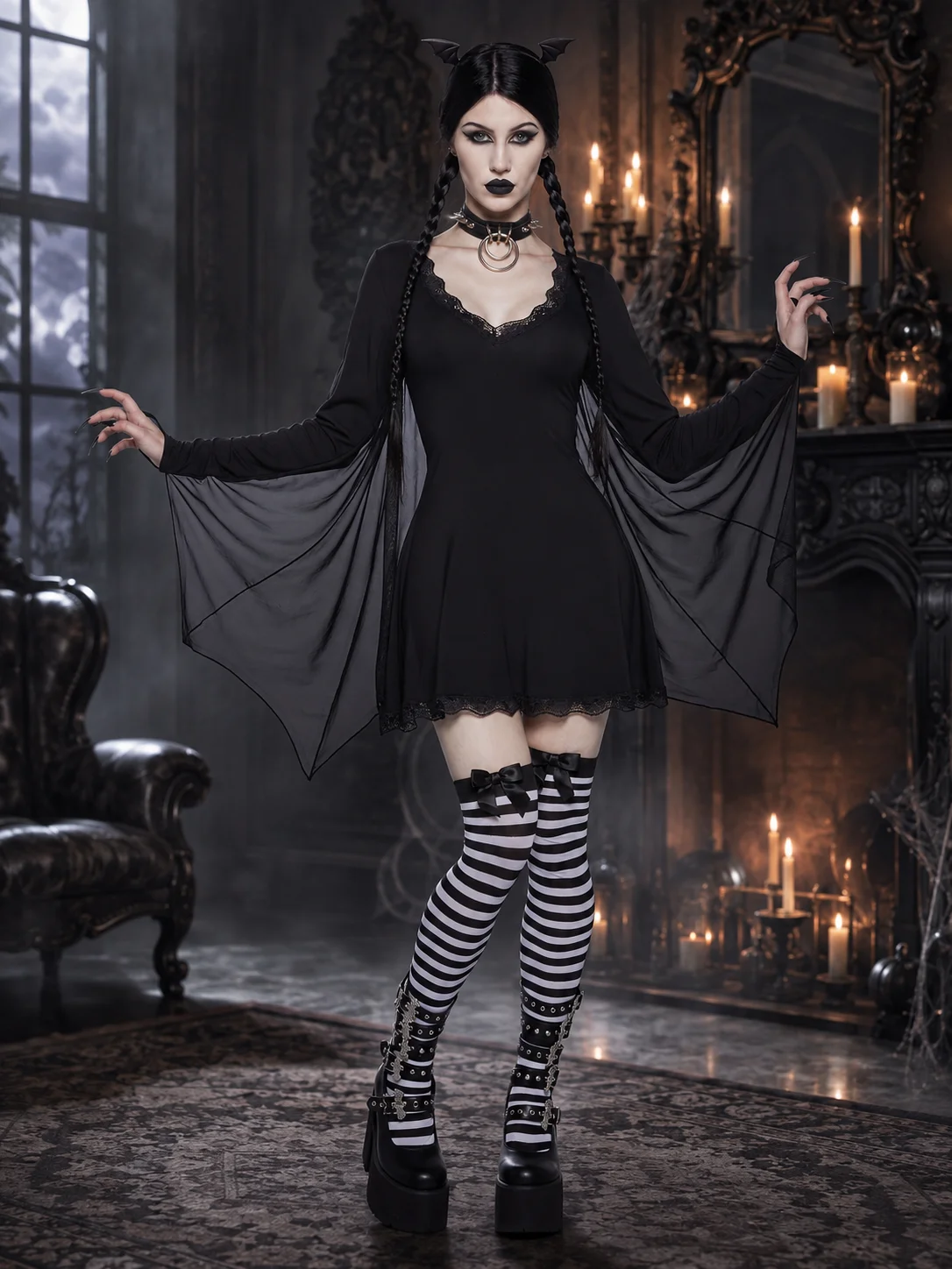 Women Dark Gothic Bat Wing Vampire Dress Lace V Neck Long Sleeve Finger Loop Chiffon Bat Sleeve A Line Mini Dress for Halloween Party Cosplay Carnival Clubwear Night Out，halloween costume, vampire costume, bat wing dress, gothic dress, witch cosplay dress
