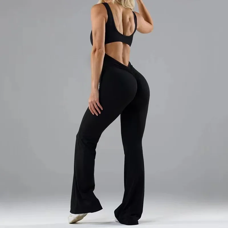 Oco para fora beleza volta yoga feminino perna larga pêssego bunda correndo fitness yoga bodysuit sexy sem costas macacões