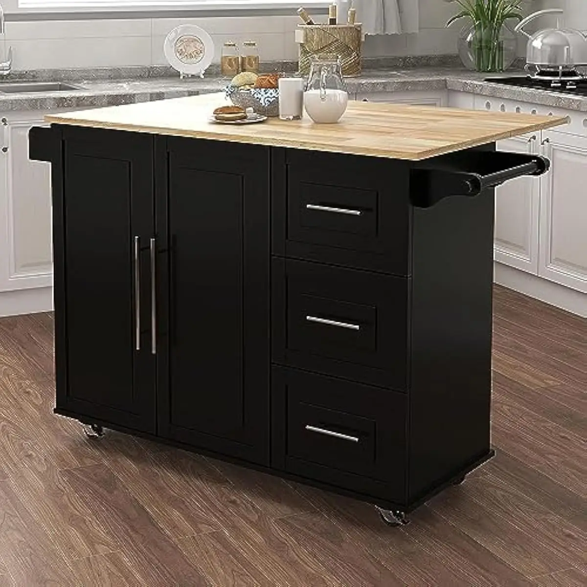 Upgraded heavy-duty engineered wood kitchen island on 4 lockable quiet wheels with foldable drop-leaf tabletop, spacious cabinet