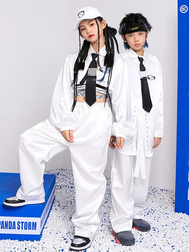 Costume de danse de rue moderne pour enfants, chemise et pantalon en satin blanc à manches longues, vêtements Kpop Hip Hop, vêtements de jazz pour garçons et filles