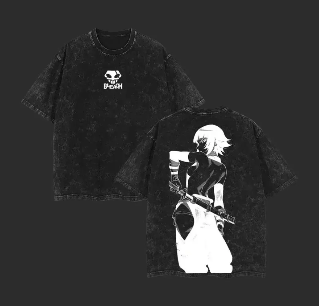 2026 Bleach Yoruichi Shihouin Double Sided Anime Graphic Vintage Washed Black T-Shirt Unisex Oversized Y2K Streetwear Cotton Tee view 3