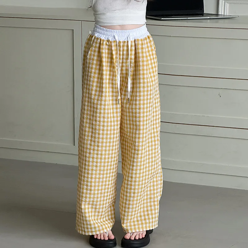 Spring Summer Kids Preppy Style Plaid Palazzo Pants Multi-Color Casual Daily Loose Fit Wide Leg Trousers for Daily Outdoor Wear