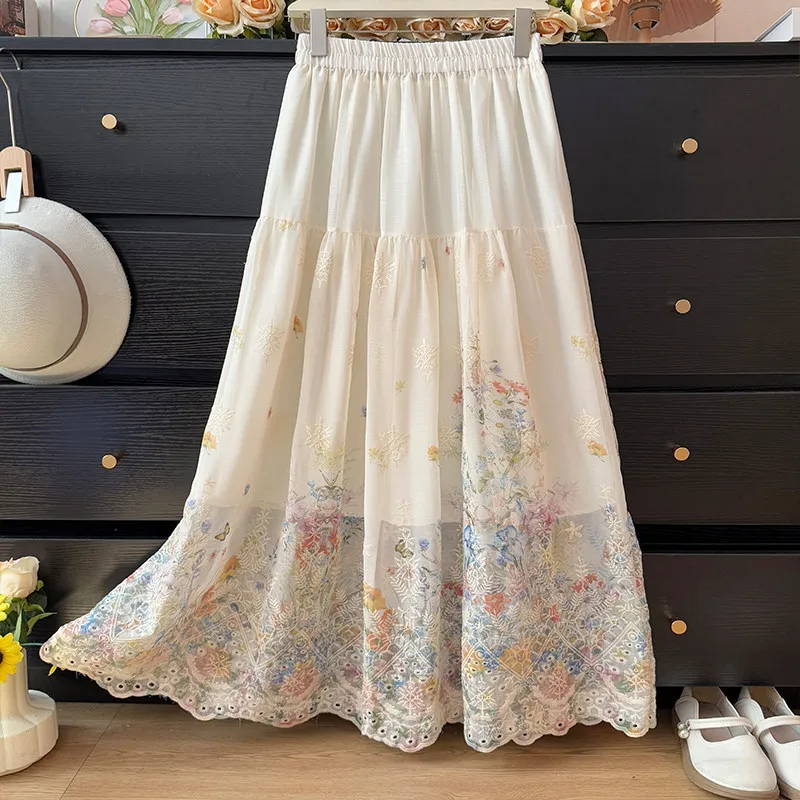 Embroidery Flower Hollow Out Skirt for Women 2026 Spring Autumn New Chinese Style Ethnic Style High Waist Pleated Skirt