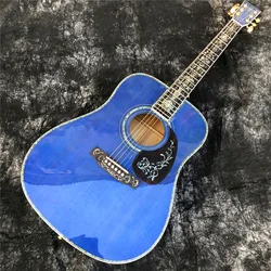 New Blue Solid Spruce Acoustic Guitar 41 Inch Flower Abalone Inlays Ebony Fingerboard Burst Maple Body Guitarra