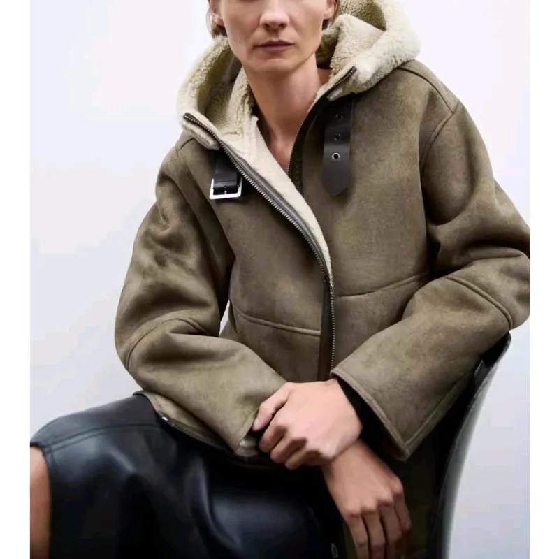 سترة شتوية نسائية بسيطة ذات وجهين من الفرو والجلد مع سحاب وغطاء رأس وأكمام طويلة، ملابس خارجية فضفاضة بغطاء رأس غير قابل للإز... #2