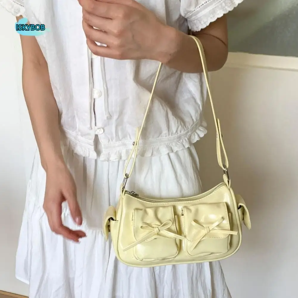

Elegant Multiple Pockets Bow Crossbody Bag Y2K Zipper PU Leather Underarm Bag Solid Color Korean Style Women Handbag Women