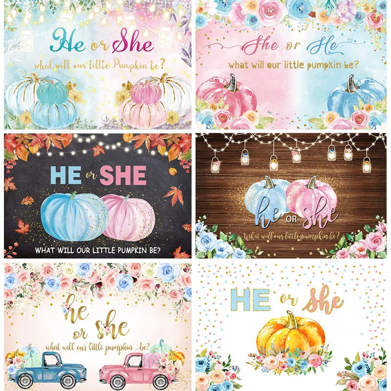 Fondo de revelación de género de calabaza, cartel de He o She What Will Pumpkin Be, decoración de fiesta para niño o niña, fondo de fotografía