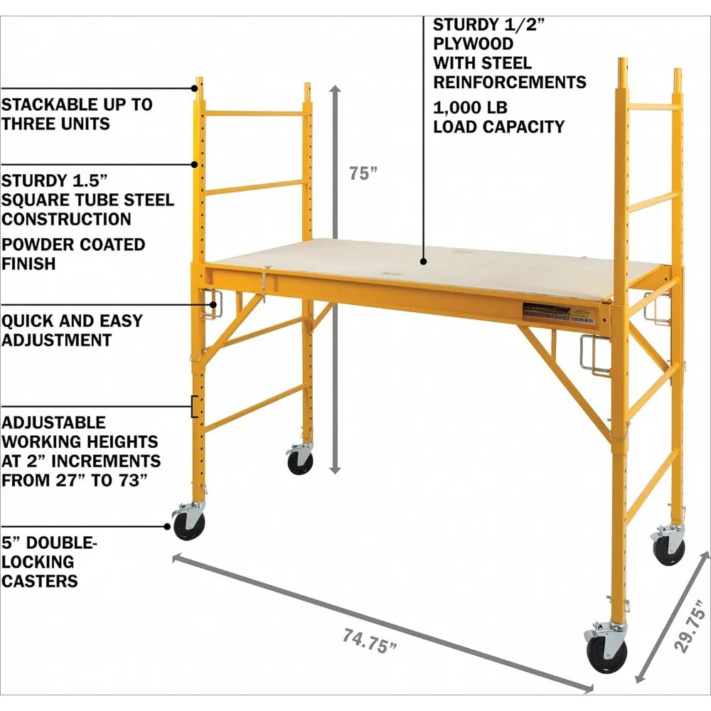 Baker Adjustable Steel Platform Jobsite Series 6 Feet Tall Mobile Scaffolding Ladder with Locking Caster Wheels