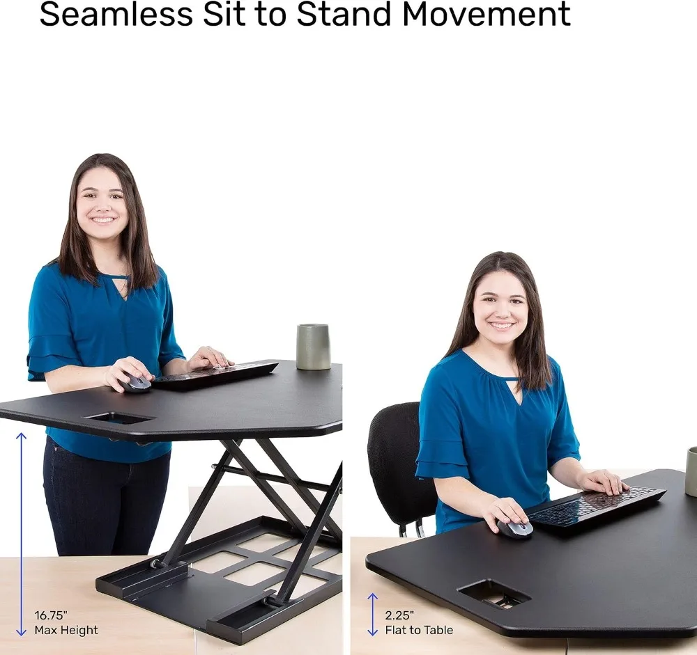 office deskCorner Standing Desk Converter, Pneumatic Sit to Stand Riser for L-Shaped Desks, Matte Black