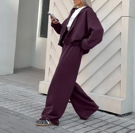Modischer Freizeitanzug für Damen im Herbst 2025, vielseitiges und trendiges Kapuzen-Sweatshirt, Strickjacke, lange Hose, zweiteiliges Set