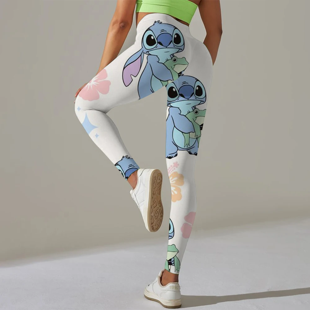 여성 스포츠 레깅스디즈니 스티치 프린트 신축성있는 복숭아 엉덩이 피트니스 바지 엉덩이가 높고 하이 웨이스트 요가 바지 타이트