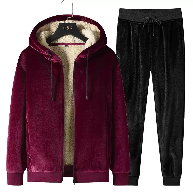 

New Autumn and Winter Fashion Solid Color Plus Plush Thick Warm Hoodie Set For Men's Casual Loose Sports Plus Two Piece Set 5XL