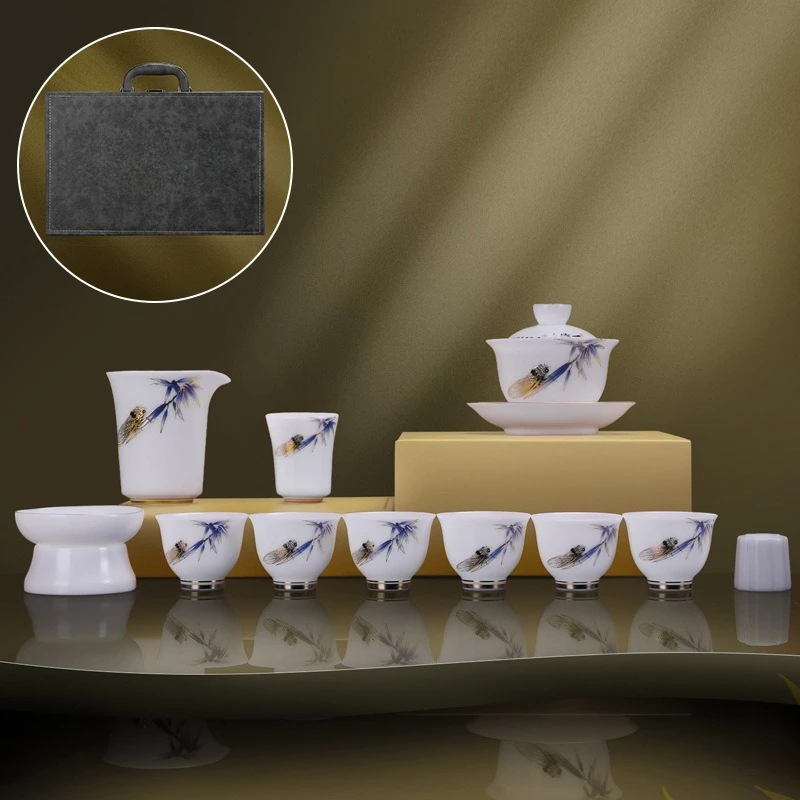 Ice Jade Porcelain Tea Set Household Light Luxury High-end Cover Bowl Teacup Yiming Amazing Kung Fu Tea Set Gift Box