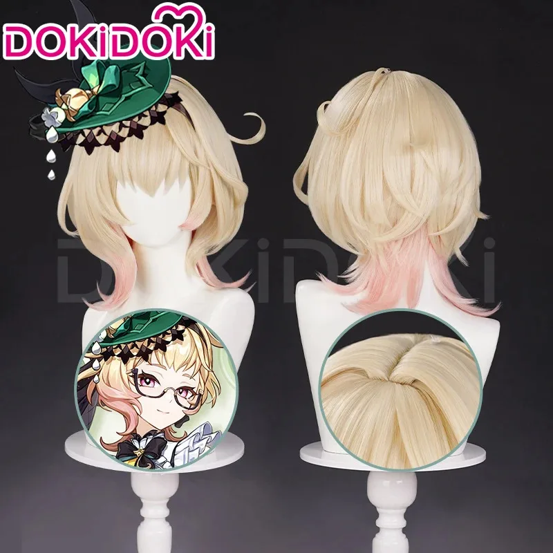 LQEmilie peluca juego Genshin Impact Cosplay peluca DokiDoki perfumista Emilie Cosplay gafas collar mujeres 45cm pelo corto peluca gratis Ca