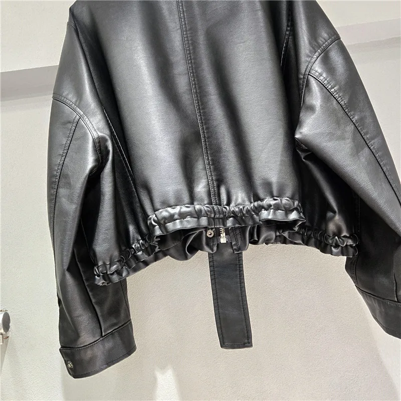 Chaqueta de piel sintética negra de alta calidad con cuello levantado y bolsillo grande holgado con cremallera de manga larga para otoño chaqueta de motociclista para mujer Streetwe