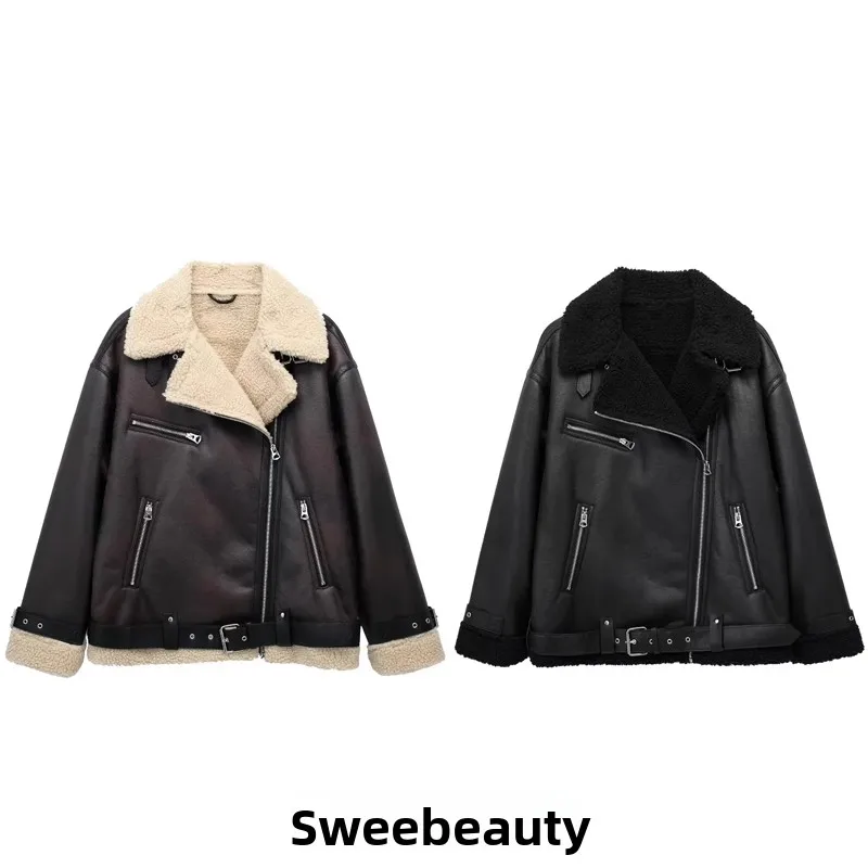 

Thiened Fce Lined Leather Jaet Women's Autumn Winter New Sle with Belt Inteated Fur Coat Warm ort Outerwear