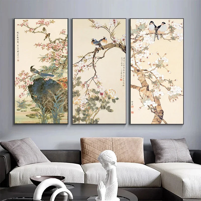 1pc frameless Chinese Style Flowers and Bird Canvas Painting Bird Singing on Plum Blossom Artistic Wall Art Picture Posters for