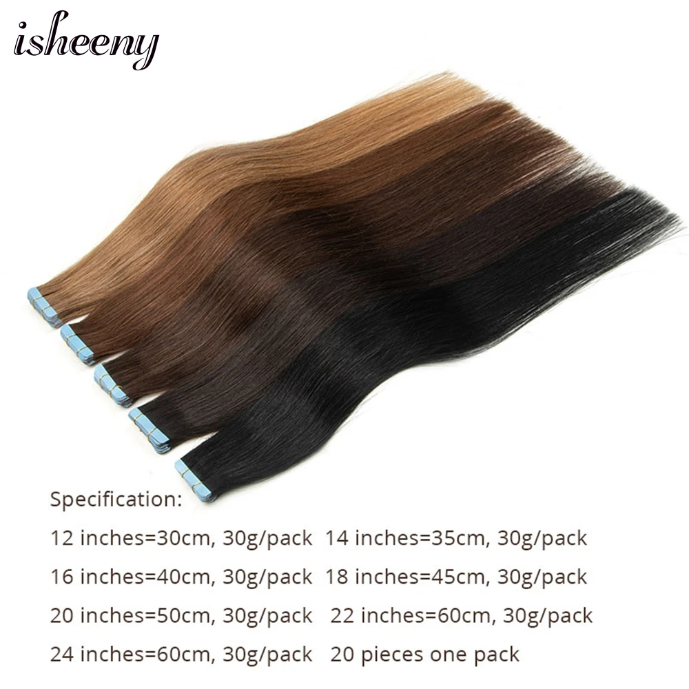 Extensions de Cheveux Humains Légers, Sans Couture, PU, Peau, Trame, Naturels, Lisses, 30g, 20 Pièces/Paquet, 12-24 Pouces