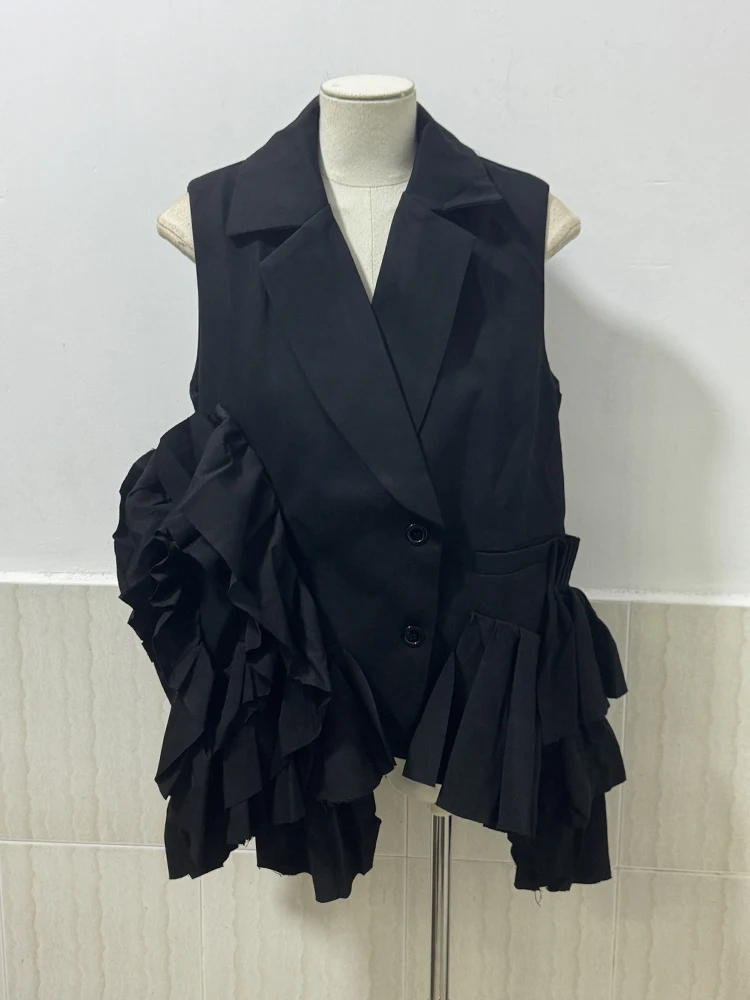 LANMREM Irregular Vest For Women Notched Collar Asymmetry Ruffles Spliced Black Coat Fashion 2024 Summer Autumn New 2DA5800