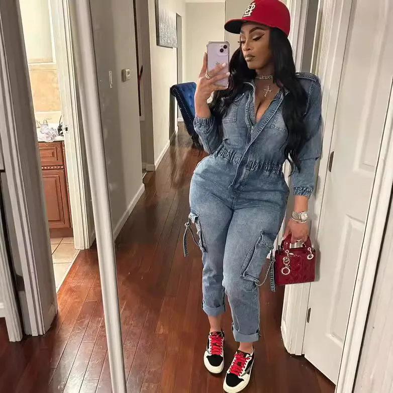 

Women's One-piece Denim Jumpsuit Fashionable Washed High-elastic Long-sleeved Jumpsuit Denim Jump Suits for Women