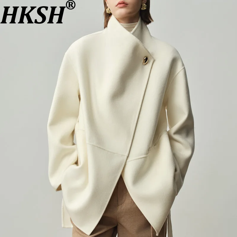 HKSH Autumn Winter New Women's Double-Sided Wool Overcoat Single Button Belt Solid Color Elegant Temperament Luxury Coat HK15530