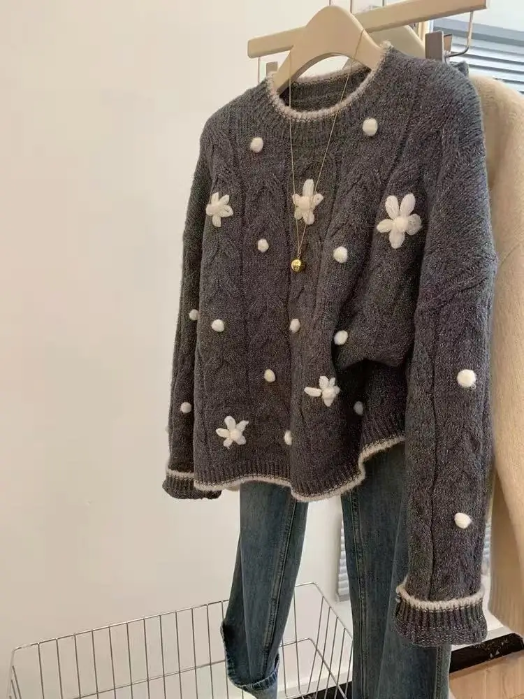 

Women's Flower Pattern Round Neck Gray Knitted Sweater Sweatshirt Sweet Girl Spring Autumn Female Long Sleeved Knit Pullover