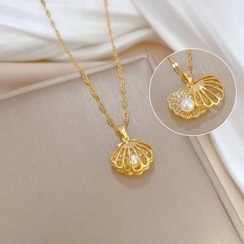 Yupsk Fashion Personalized Shell Starfish Pearl Necklace for Women  Versatile Shiny Zircon Engagement Wedding Party Jewelry image 2