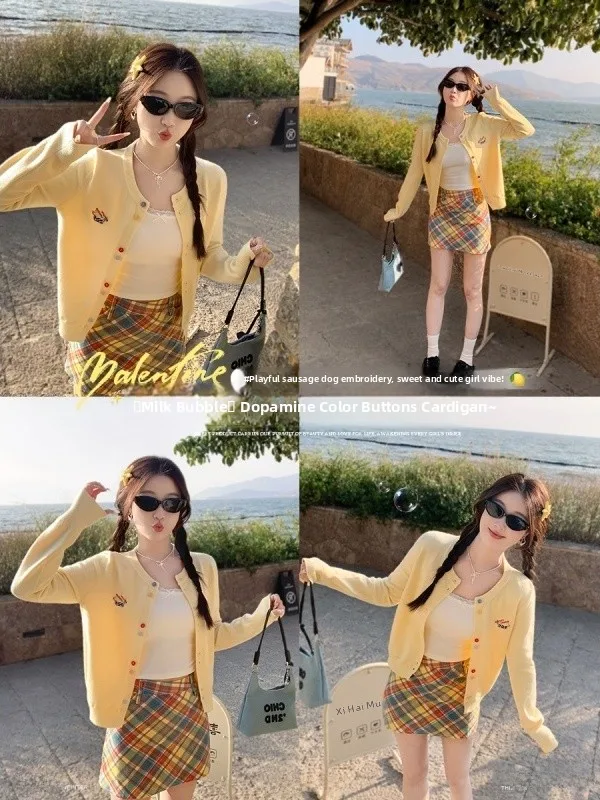 Korean Sle Yellow Knitted Cardigan Women's Winter Slim Fit Outerwear Top 2025 New ular Sweater Long Sve Regular Length
