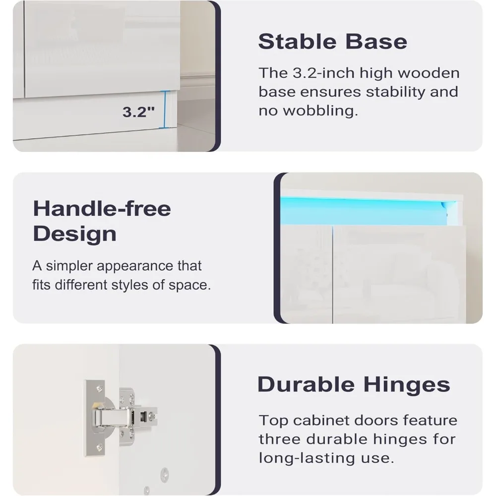 خزانة بوفيه مقاس 51 بوصة مع 4 أبواب، وخزانة قهوة جانبية عالية اللمعان مع أضواء LED، وكابينة تخزين جانبية حديثة بدون يد