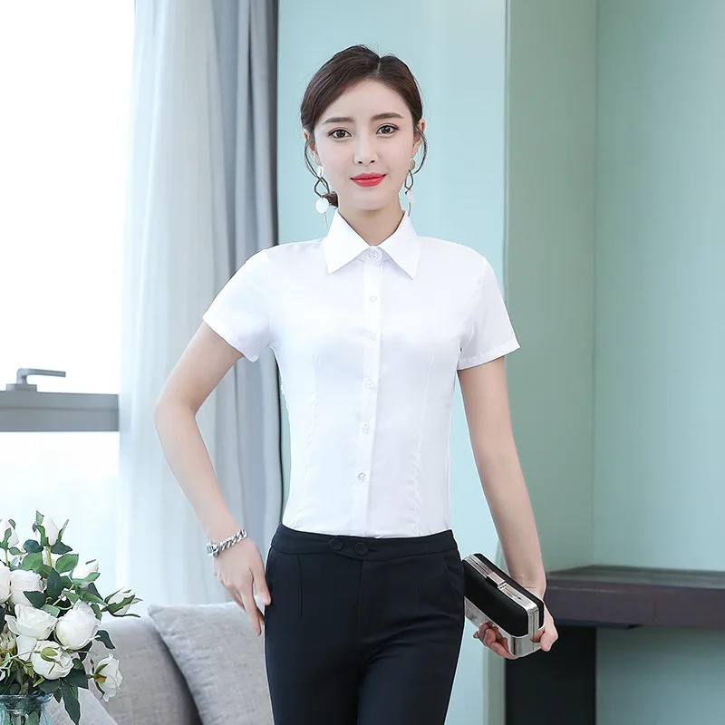 Fashion White Shirts Woman 2023 Autumn Short Sleeve Blouse Solid Ladies Tops OL Female Clothing  Basic Work Shirt Women\'s Blouse