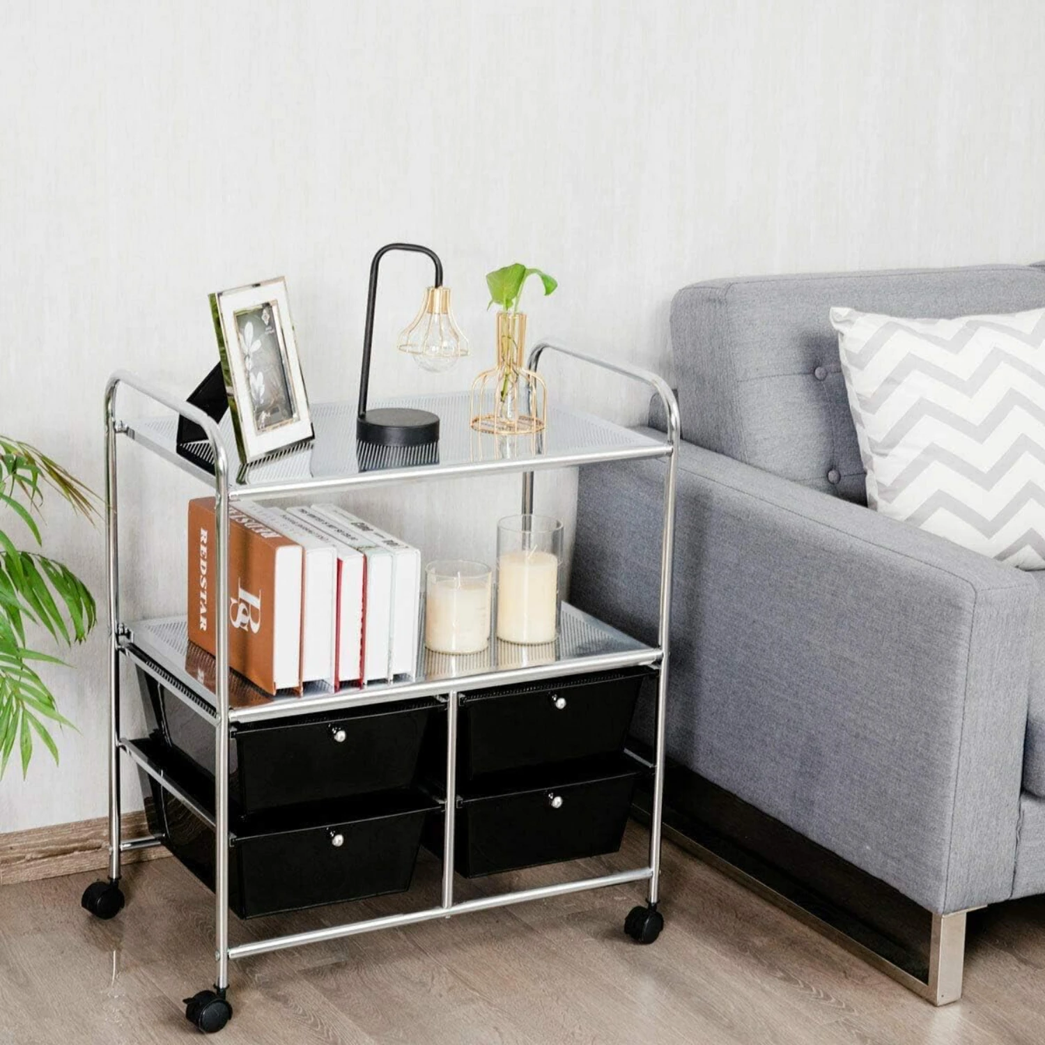 

Cart, Rolling Cart w/4 Drawers & 2 Shelves, 3-Tier Trolley with Handles & Wheels, Utility Cart with Metal Rack () Wall hook