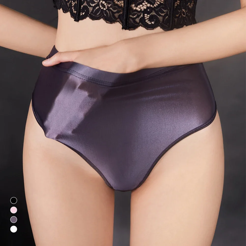 Sexy Women Panties Oil Shiny Sheer Briefs Ultra-thin See Through Knickers Hight Waist T-back Bikini Underwear Erotic Thongs