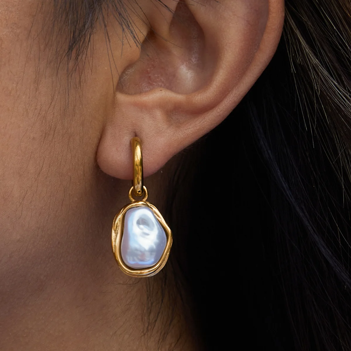 

YHTOT Classic Trendy 18K Gold Color Plated Inlay Irregular Pearl Pendant Earrings Hypoallergenic Stainless Steel Jewelry Party