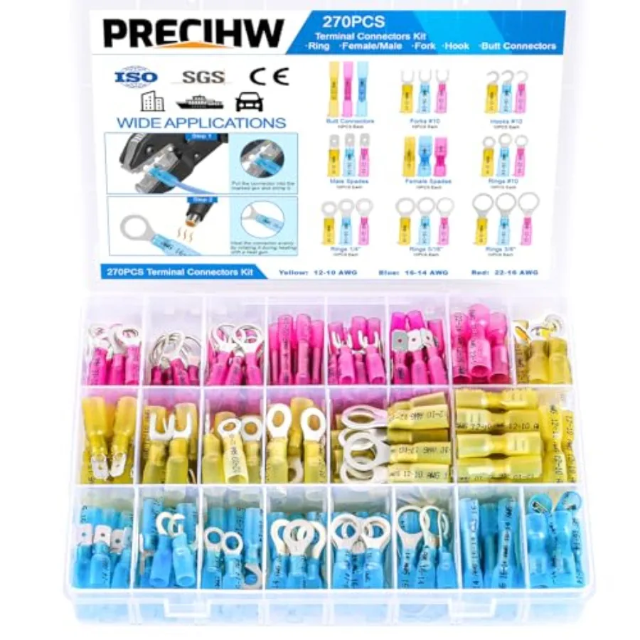 

270PCS Marine Grade Heat Shrink Wire Connectors, AWG 22-10 Electrical Eyelet Kit, Waterproof Eyelet Connectors Incl. Ring Fork
