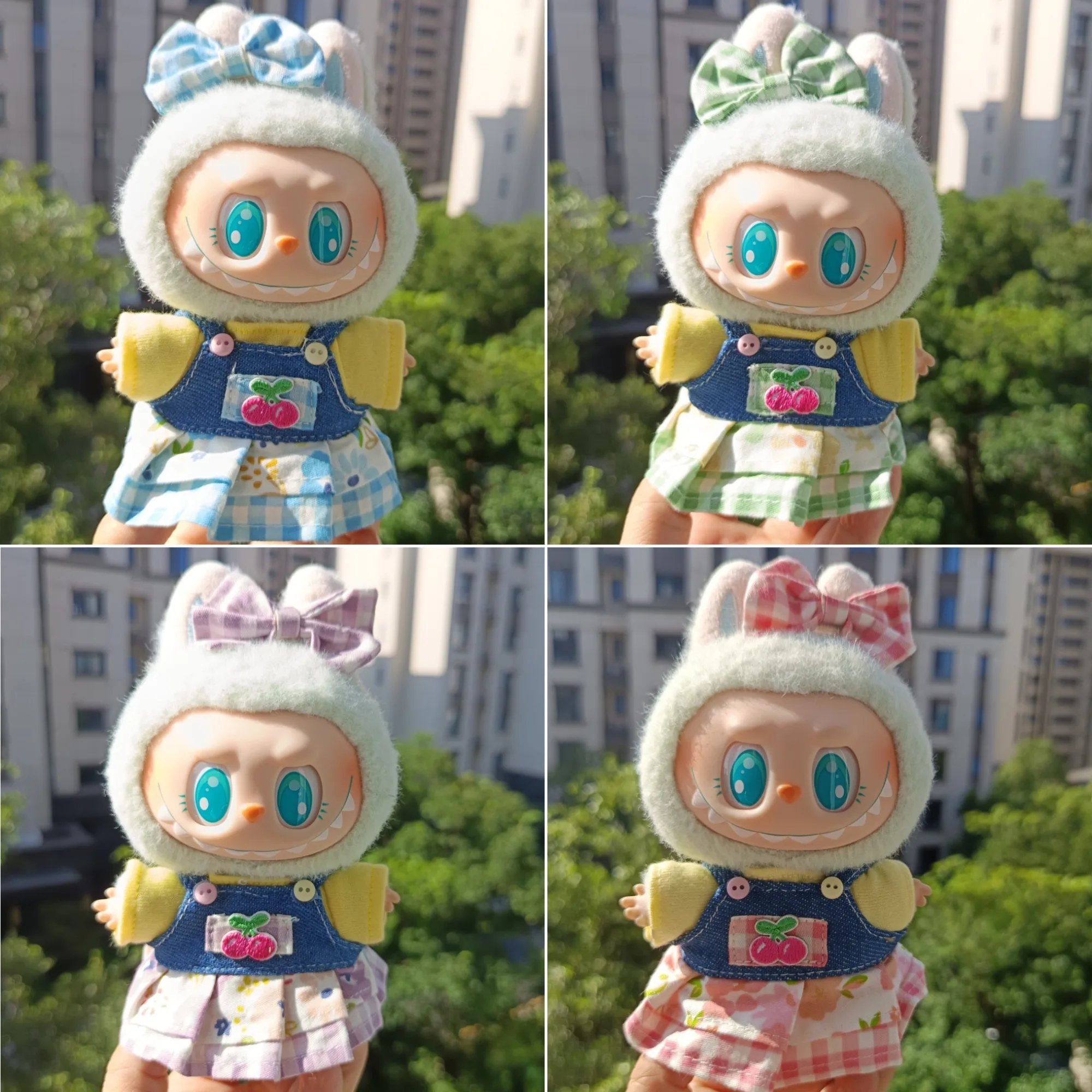 

Clothes For Labubu 15/17Cm Dolls Gen 1-3 Cute Style Summer Plaid Cherry Pinafore Set Apparel Hanging Accessories