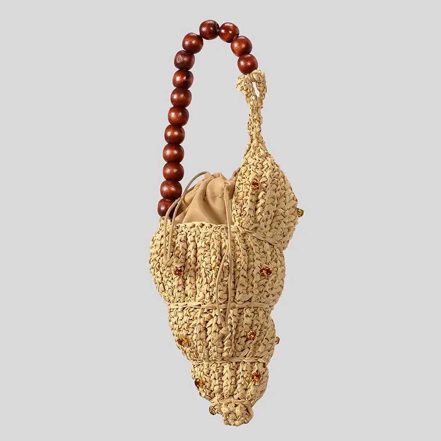 Creative Diamonds Conch Design Straw Bag Handmade Woven Women Handbags Wooden Beading Strap Shoulder Bags Funny Summer Beach Bag