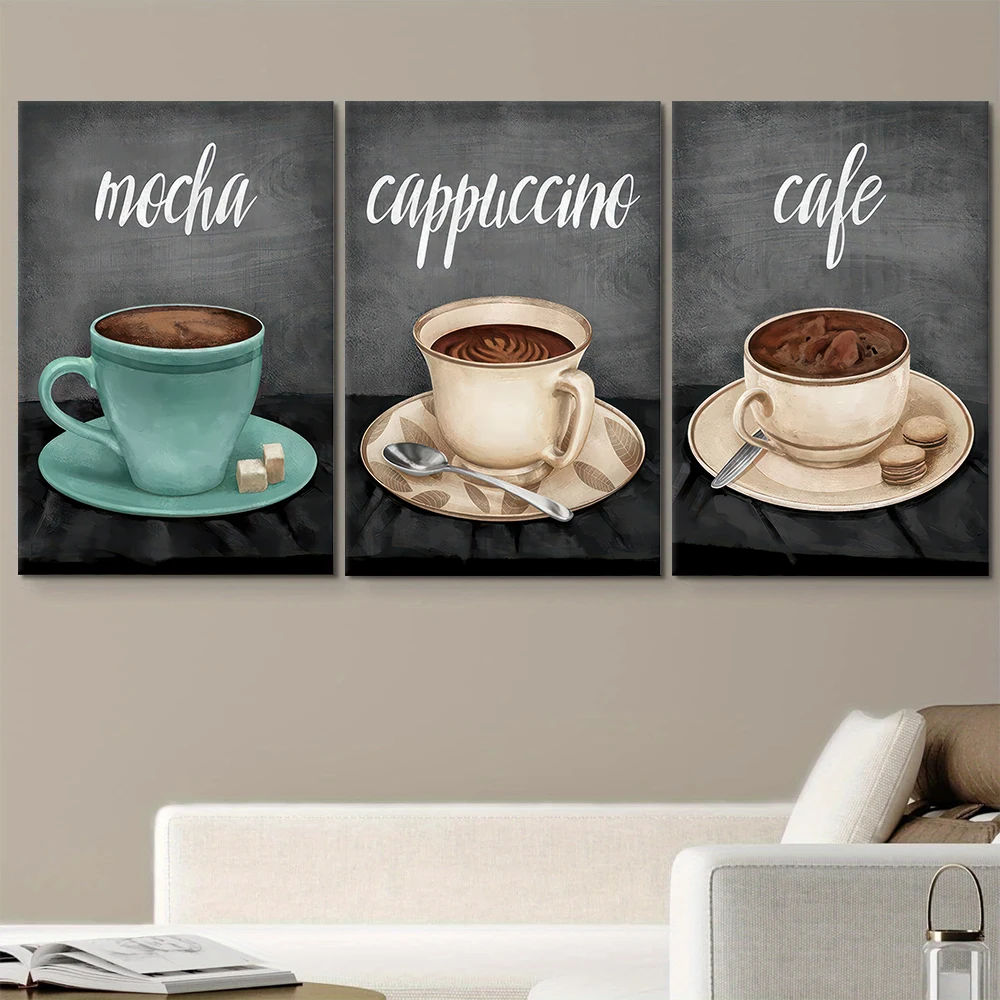 3 قطع، لوحة زخرفية قماشية حديثة وبسيطة تحت عنوان القهوة، لوحة فنية معلقة على شكل فنجان قهوة موكا، غرفة المعيشة وغرفة الطعام ك #2