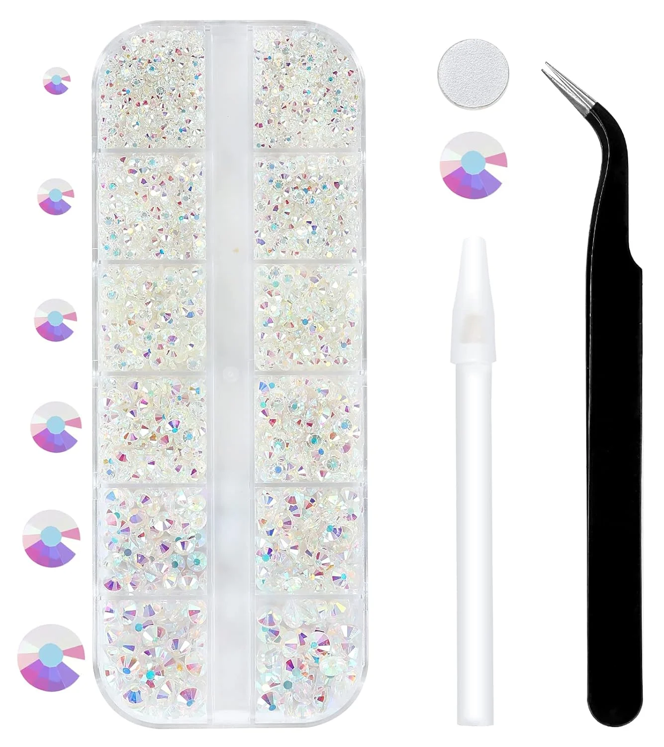 12er-Set transparente AB-Flachstrass-Steine für Nägel, Kunst, Basteln, Make-up, Glitzerbecher, rund, mit Pinzette und Aufnahmestift