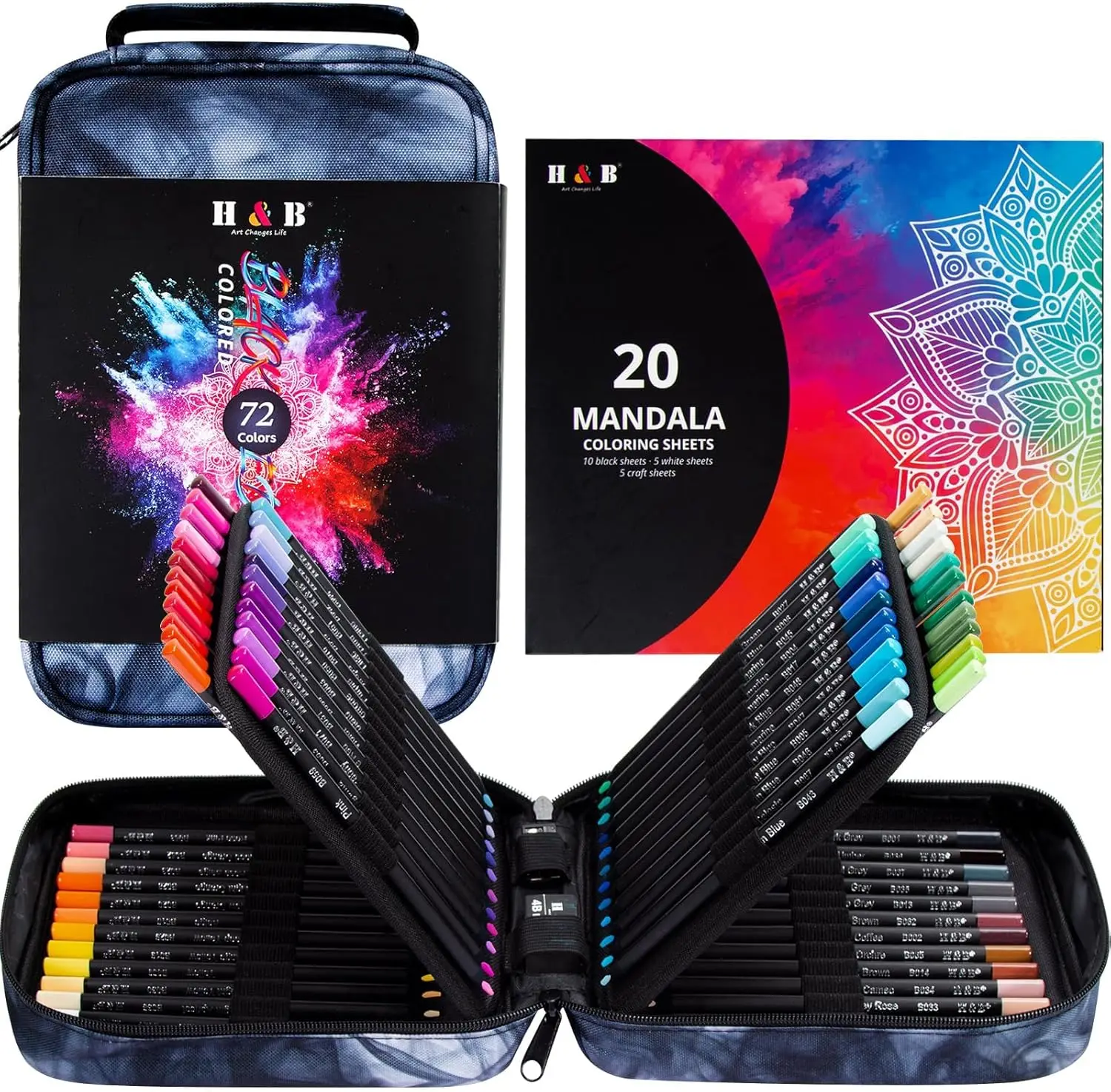 

72 Colored Pencils Set with Mandala Coloring Sheets, Eraser, Sharpener - Soft Oil-Based Cores, Art Supplies for Adults, Kids, Beginners