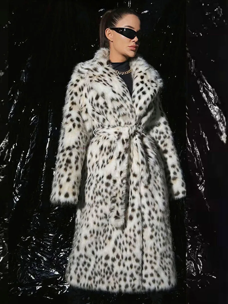 ZADORIN Luxury Belted Long Leopard Faux Fur Coat Woman Y2k Clothes Fashion Lapel Thick Warm Fluffy Jacket Fur Coats Outerwears