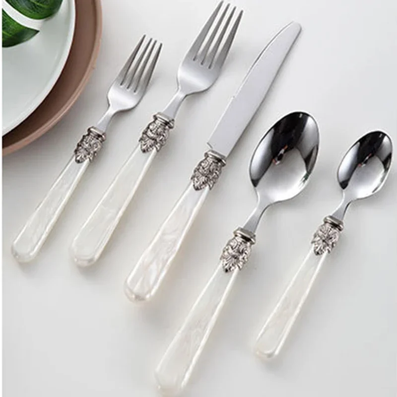 4pcs/set White Dinnerware Set Stainless Steel Steak Knife Fork Coffee Spoon Teaspoon Flatware Dishwasher Safe Kitchen Tablewar