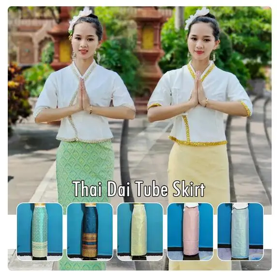 Women Thai Traditional Long Skirt Southeast Asian Thailand Style Dai Festival Costume Photography Performance Travel Thai Dress