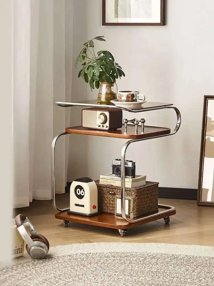 

Household Side Table Cart Retro Glass Solid Wood Coffee Table Living Room Sofa Coffee Table Movable Dining Cart Storage Rack