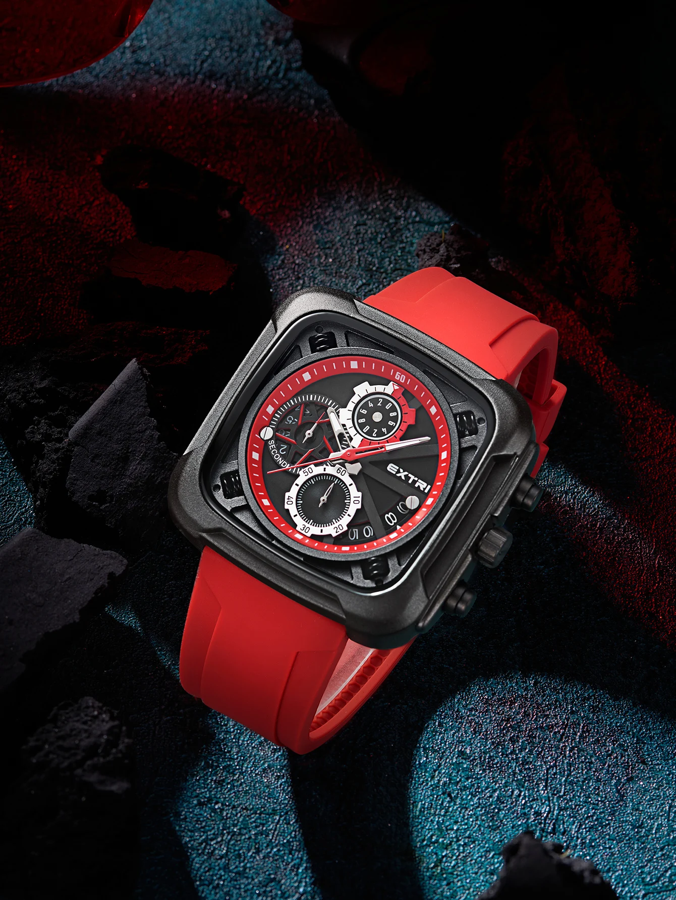 Imagem -04 - Extri Stainless Steel Back Chronograph para Homens Luxo Square Silicone Relógios Cool Design Alta Qualidade