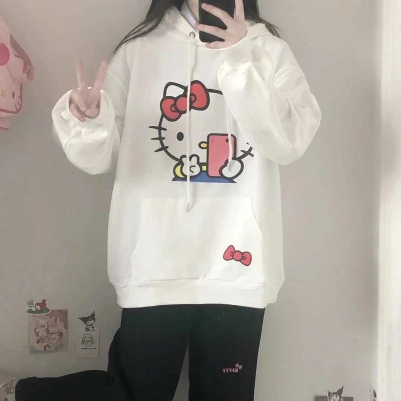 2024 Winter Women\'s Hoodies Fashion Japan Harajuku y2k Luxury Brand MINISO Sanrio Hello Kitty Pattern Warm Long Sleeve Hoodies