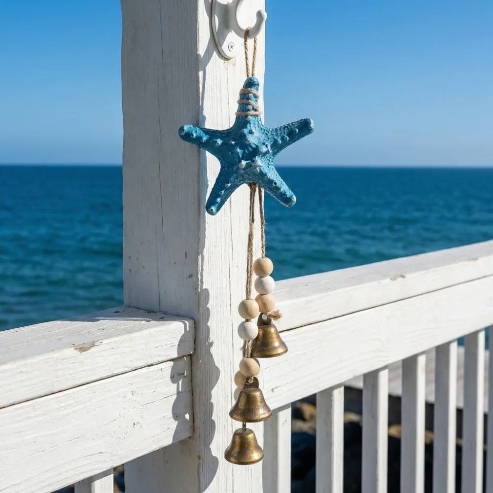 Creative Resin Starfish Wind Chime Wooden Beads Coastal Style Beach Decor Metal Bells Ocean Themed Hanging Ornament Summer