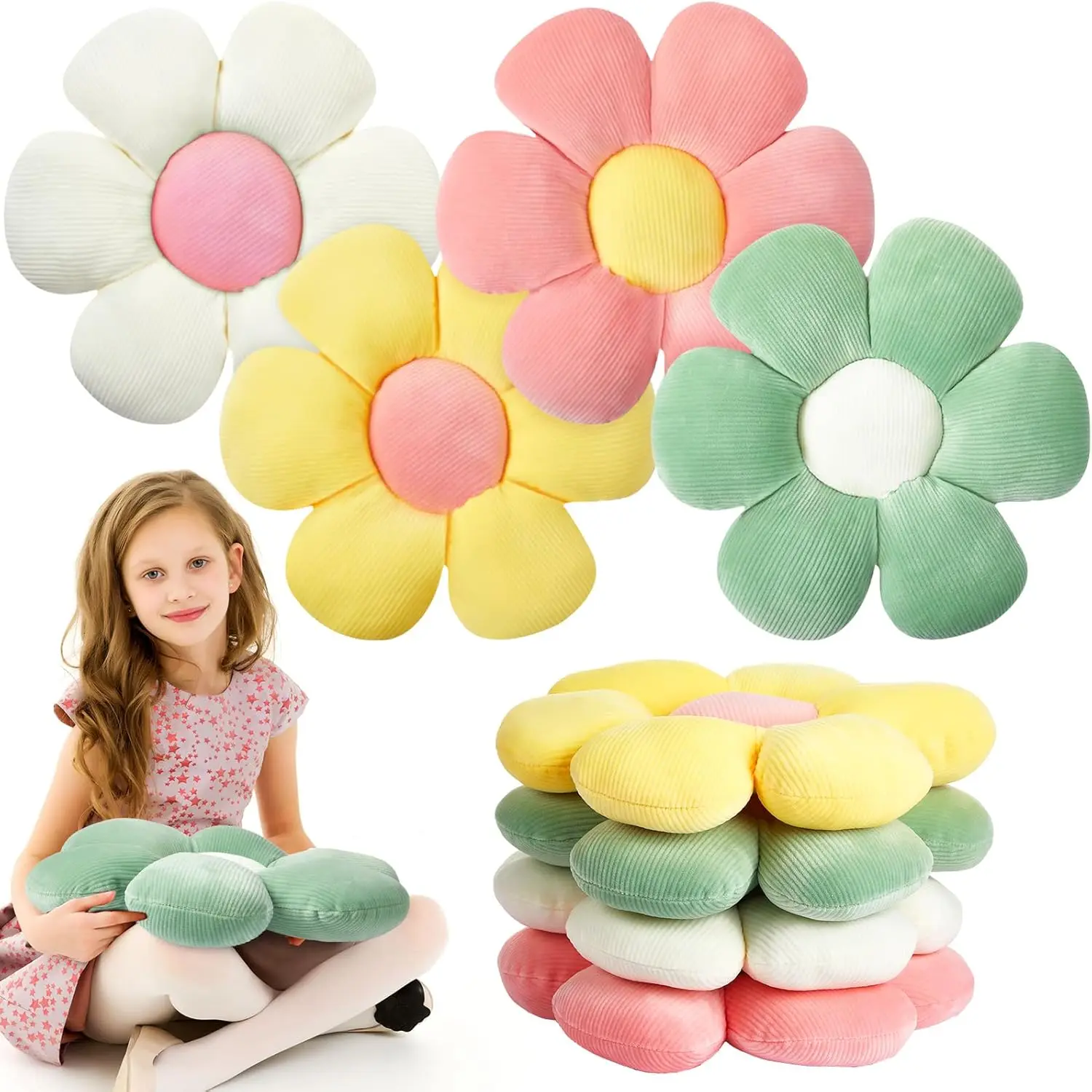 

4-Piece Floral Floor Pillows, Plush Daisy Cushions for Sofa Bed Decor, Light Color, 15 Inch