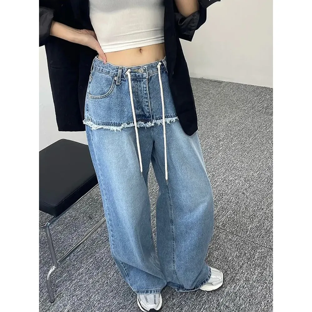 

SuperAen Patchwork Washed Jeans for Women's Autumn and Winter New Retro High-waisted Drawstring Wide-leg Long Pants