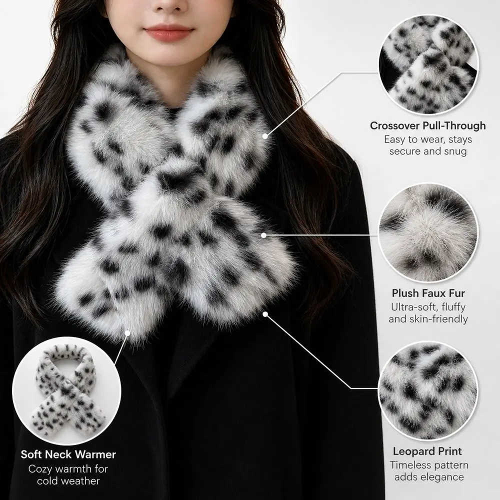 Leopard Print Neck Scarf Crossover Thickened Pull Through Scarf Soft and Fluffy Faux Fur Winter Neck Warmer Cold Weather Wear