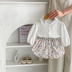 Ins 2024 Autumn Infant Baby Girls 2PCS Clothes Set Cotton Long Sleeve Shirts Floral Puffy Shorts Suit Toddler Girls Outfits